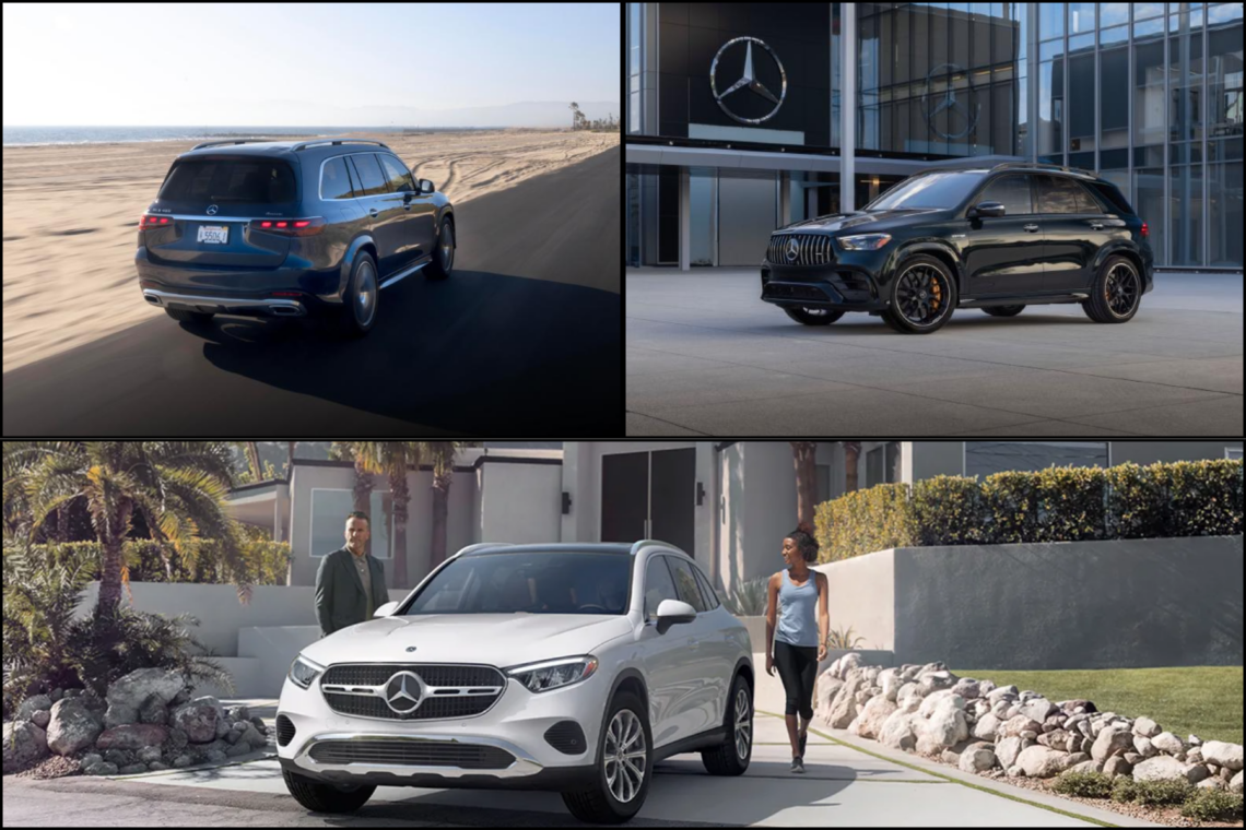 Three Mercedes-Benz SUVs: GLC, GLE, and GLS