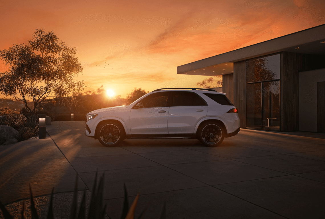 2027 Mercedes-Benz GLE 350 SUV parked at sunset.